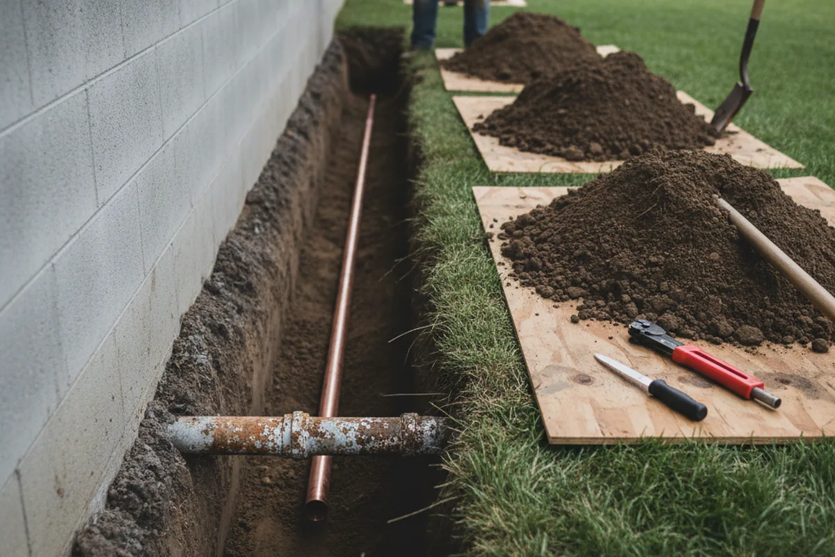Excavated water line trench during Water Heater Repair in New Milford